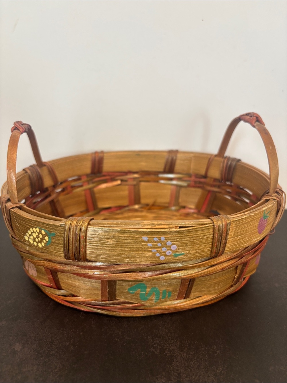 Vintage Hand-Painted Woven Splint Basket with Handles